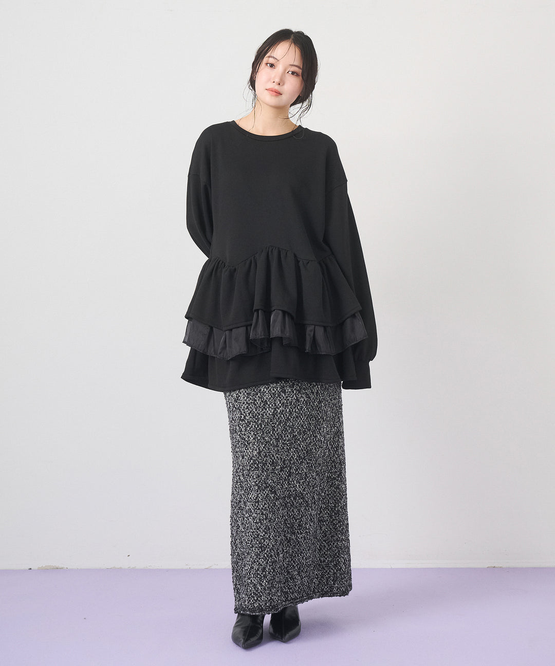 [2SET]Tiered Peplum Tops+Tweed Like Slub Skirt