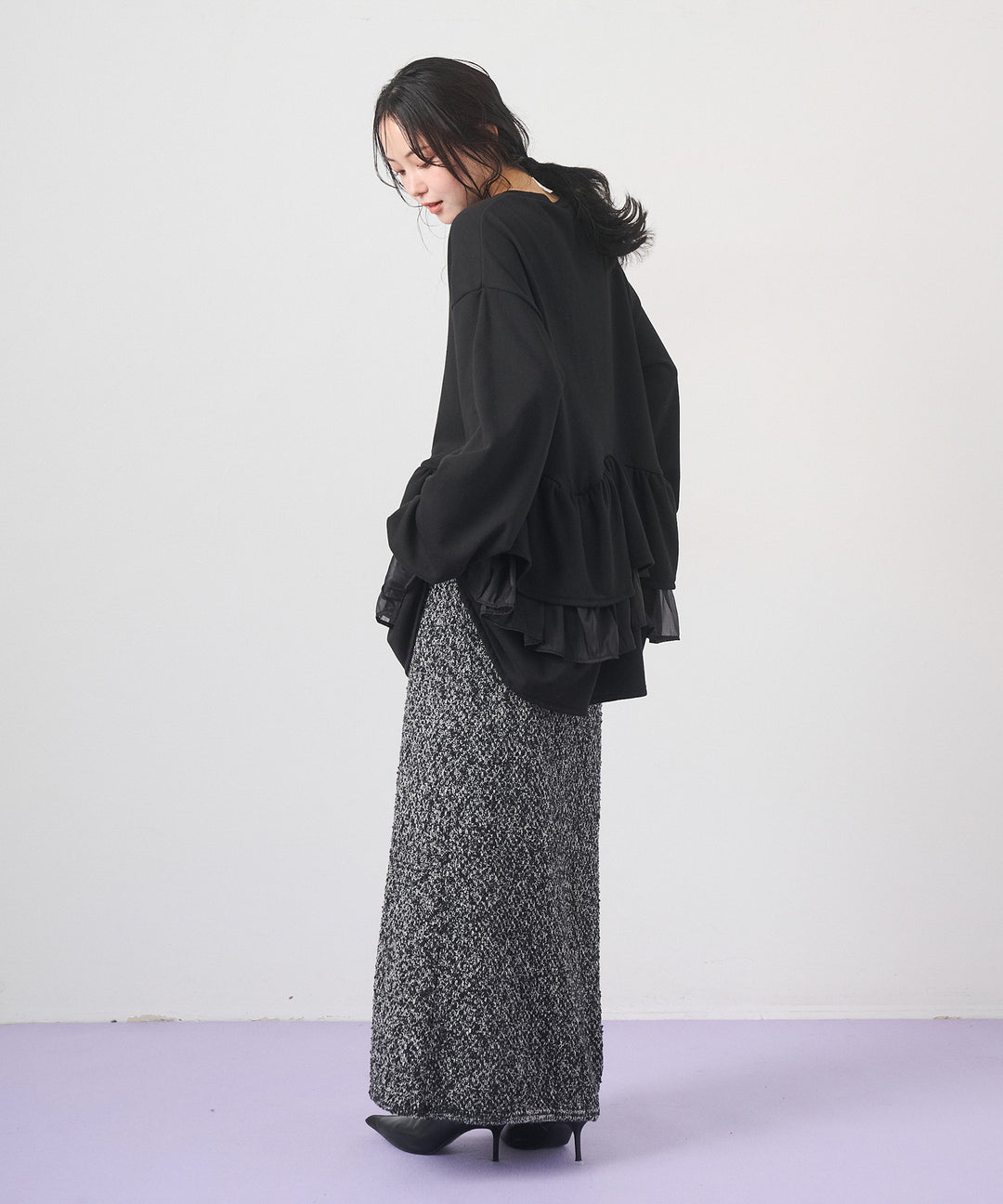 [2SET]Tiered Peplum Tops+Tweed Like Slub Skirt