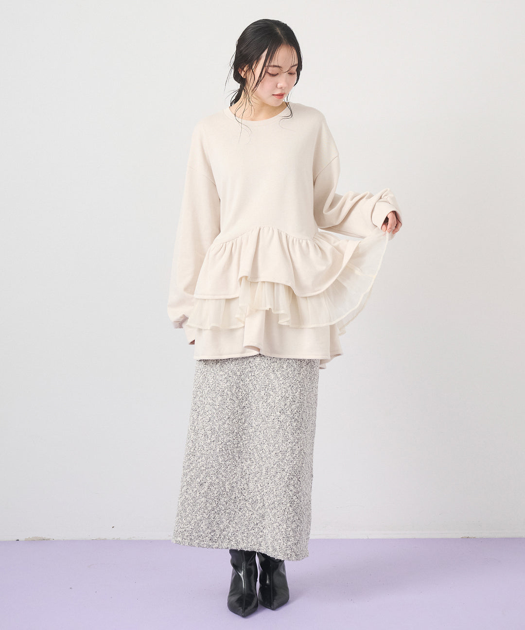 [2SET]Tiered Peplum Tops+Tweed Like Slub Skirt