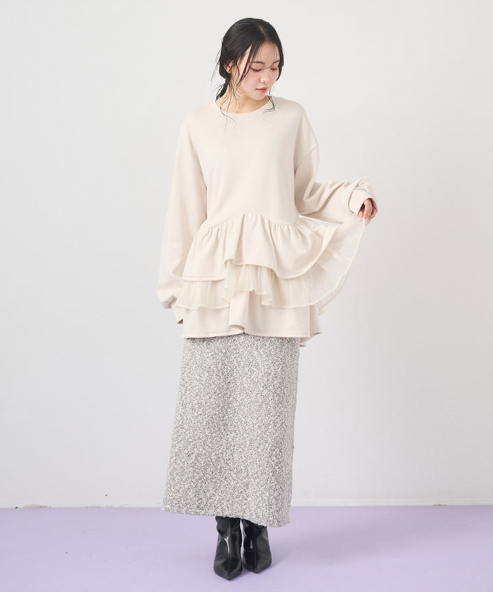 [2SET]Tiered Peplum Tops+Tweed Like Slub Skirt