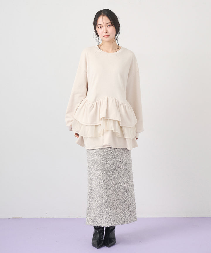 [2SET]Tiered Peplum Tops+Tweed Like Slub Skirt