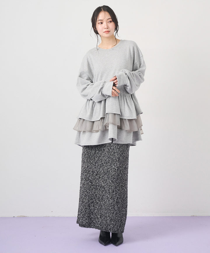 [2SET]Tiered Peplum Tops+Tweed Like Slub Skirt