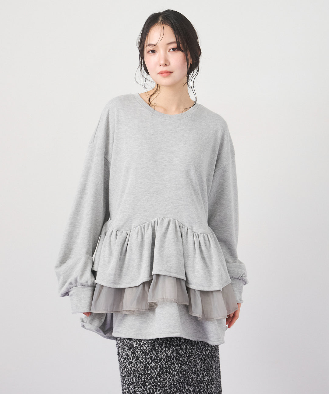 [2SET]Tiered Peplum Tops+Tweed Like Slub Skirt