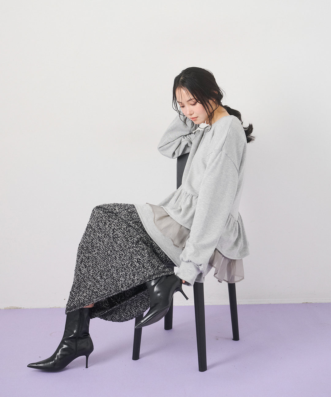 [2SET]Tiered Peplum Tops+Tweed Like Slub Skirt