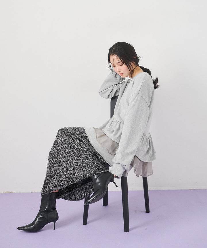 [2SET]Tiered Peplum Tops+Tweed Like Slub Skirt