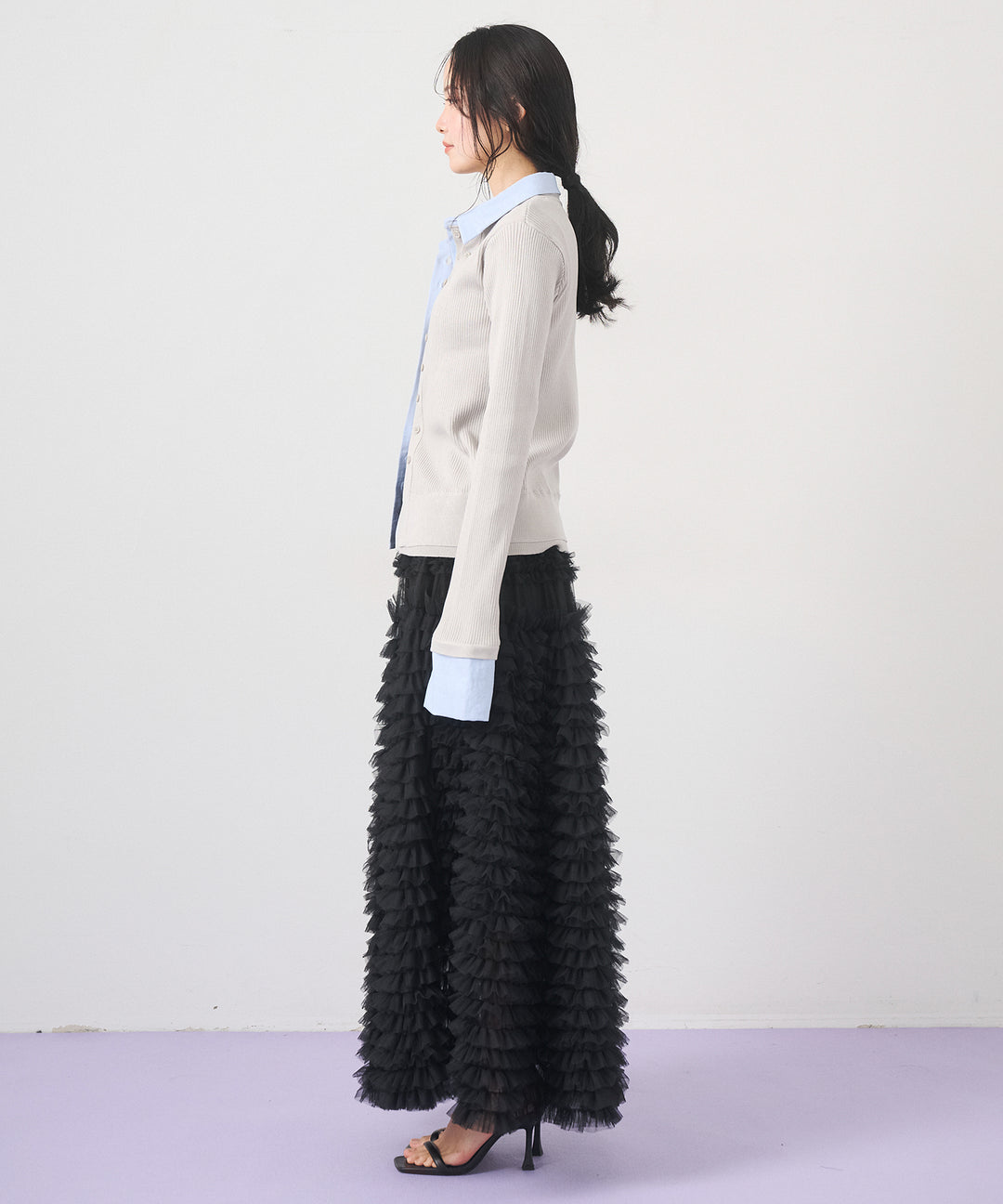 [SET]Layered Collar Knit Cardigan+Verbena Pin Tulle Skirt