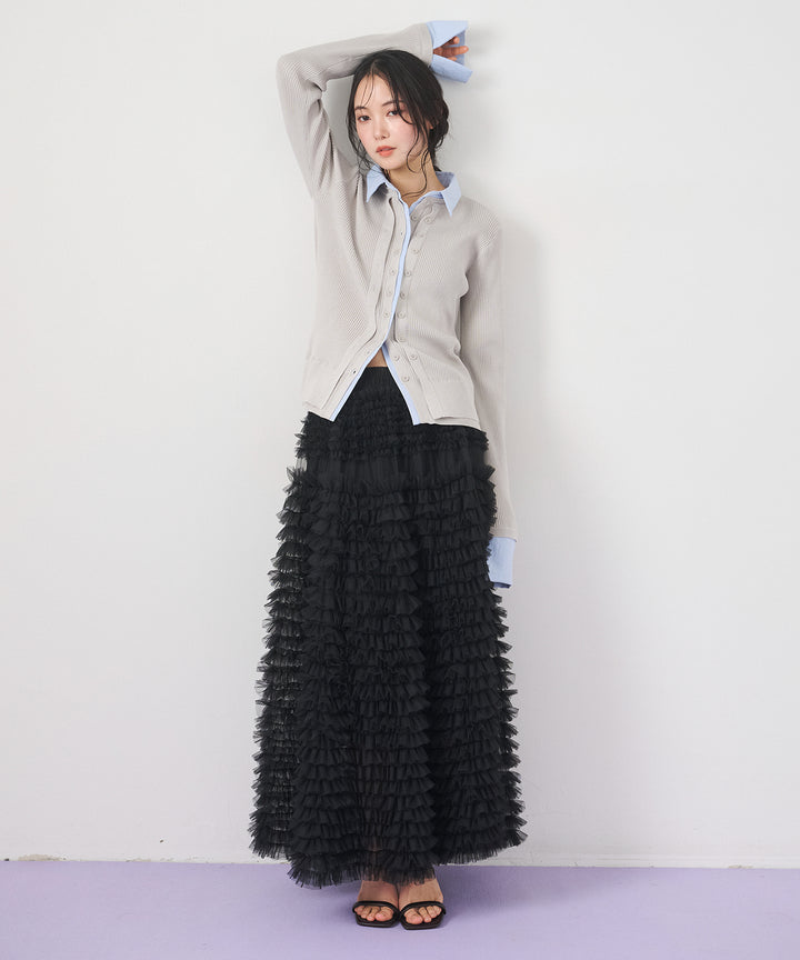 [SET]Layered Collar Knit Cardigan+Verbena Pin Tulle Skirt