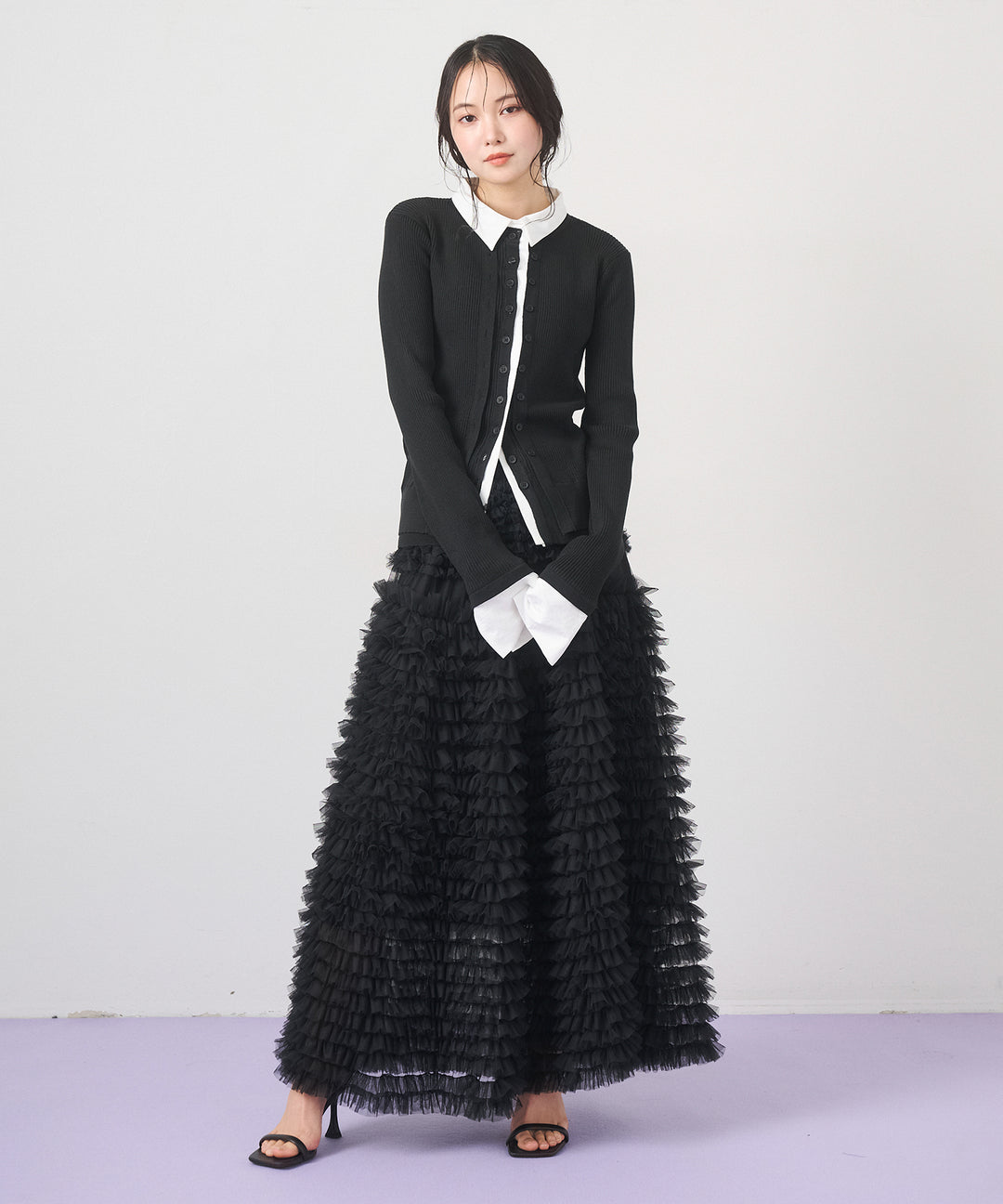 [SET]Layered Collar Knit Cardigan+Verbena Pin Tulle Skirt