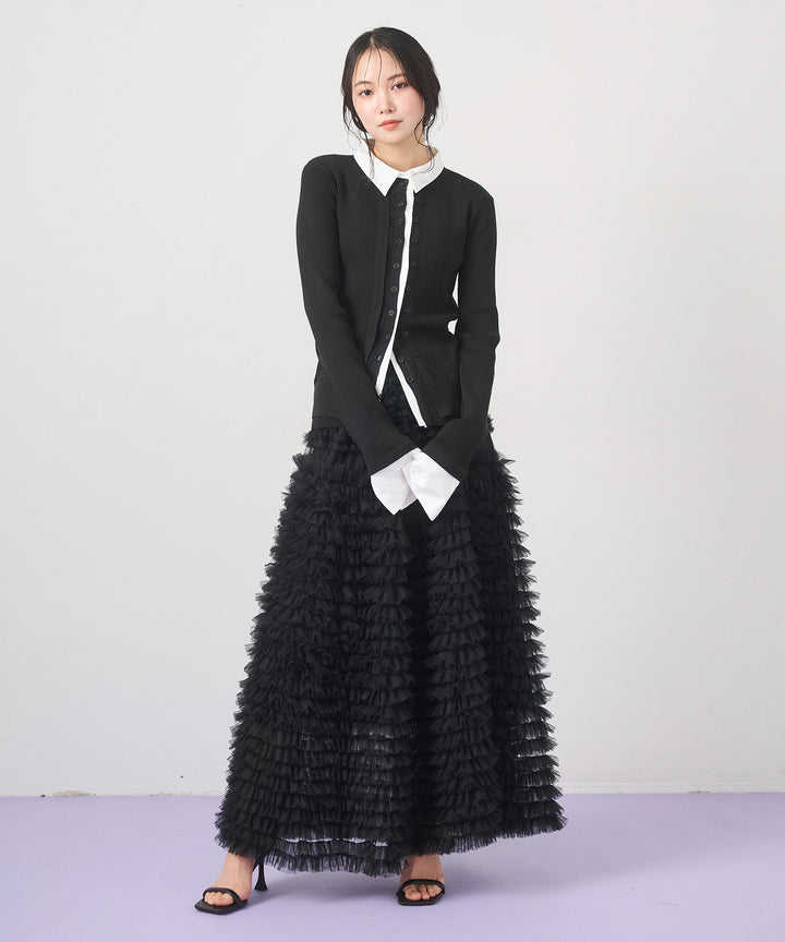 [SET]Layered Collar Knit Cardigan+Verbena Pin Tulle Skirt