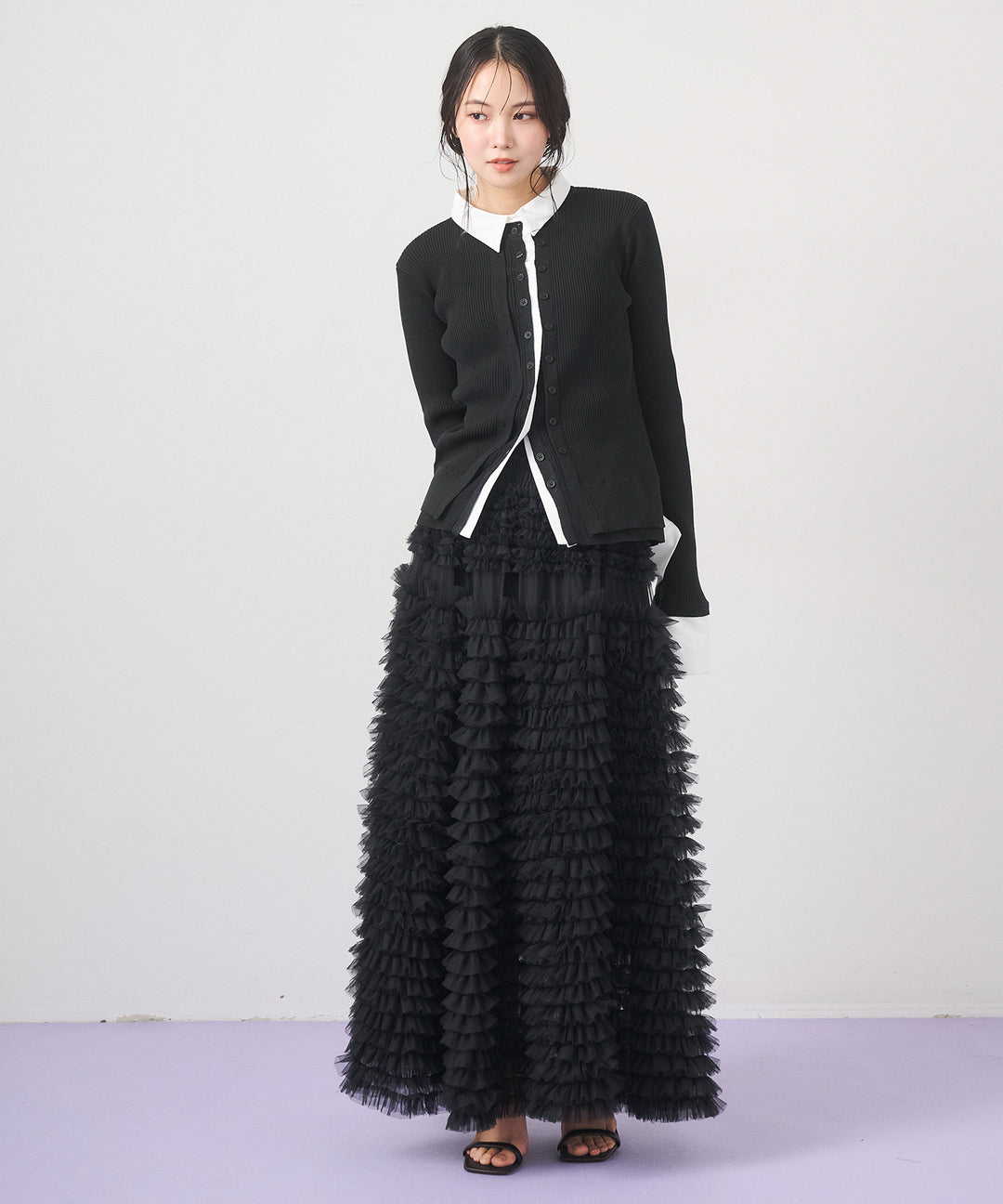 [SET]Layered Collar Knit Cardigan+Verbena Pin Tulle Skirt