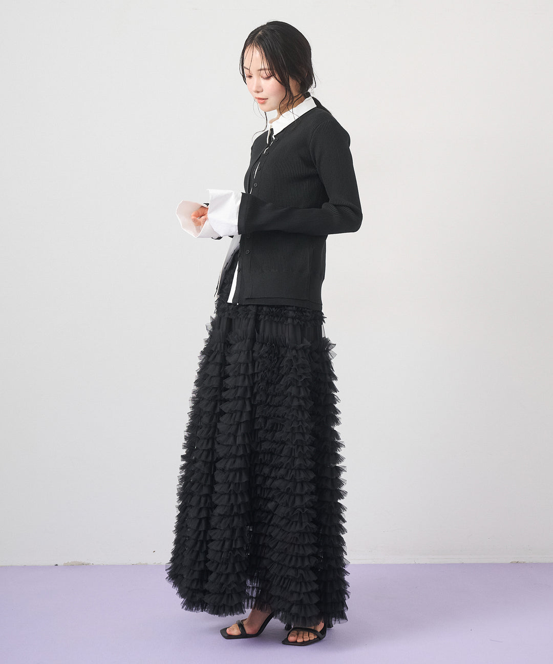 [SET]Layered Collar Knit Cardigan+Verbena Pin Tulle Skirt