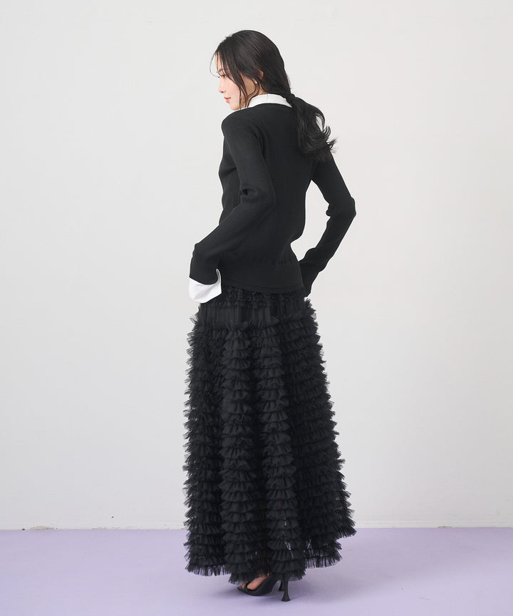 [SET]Layered Collar Knit Cardigan+Verbena Pin Tulle Skirt