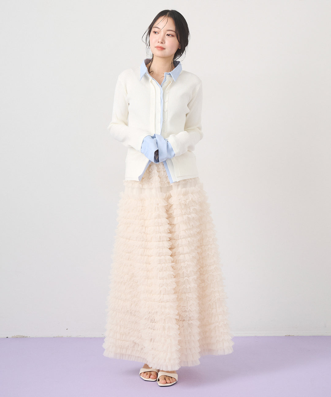 [SET]Layered Collar Knit Cardigan+Verbena Pin Tulle Skirt