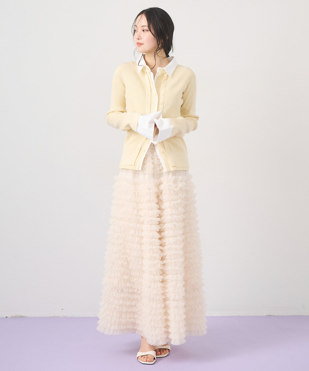 [SET]Layered Collar Knit Cardigan+Verbena Pin Tulle Skirt