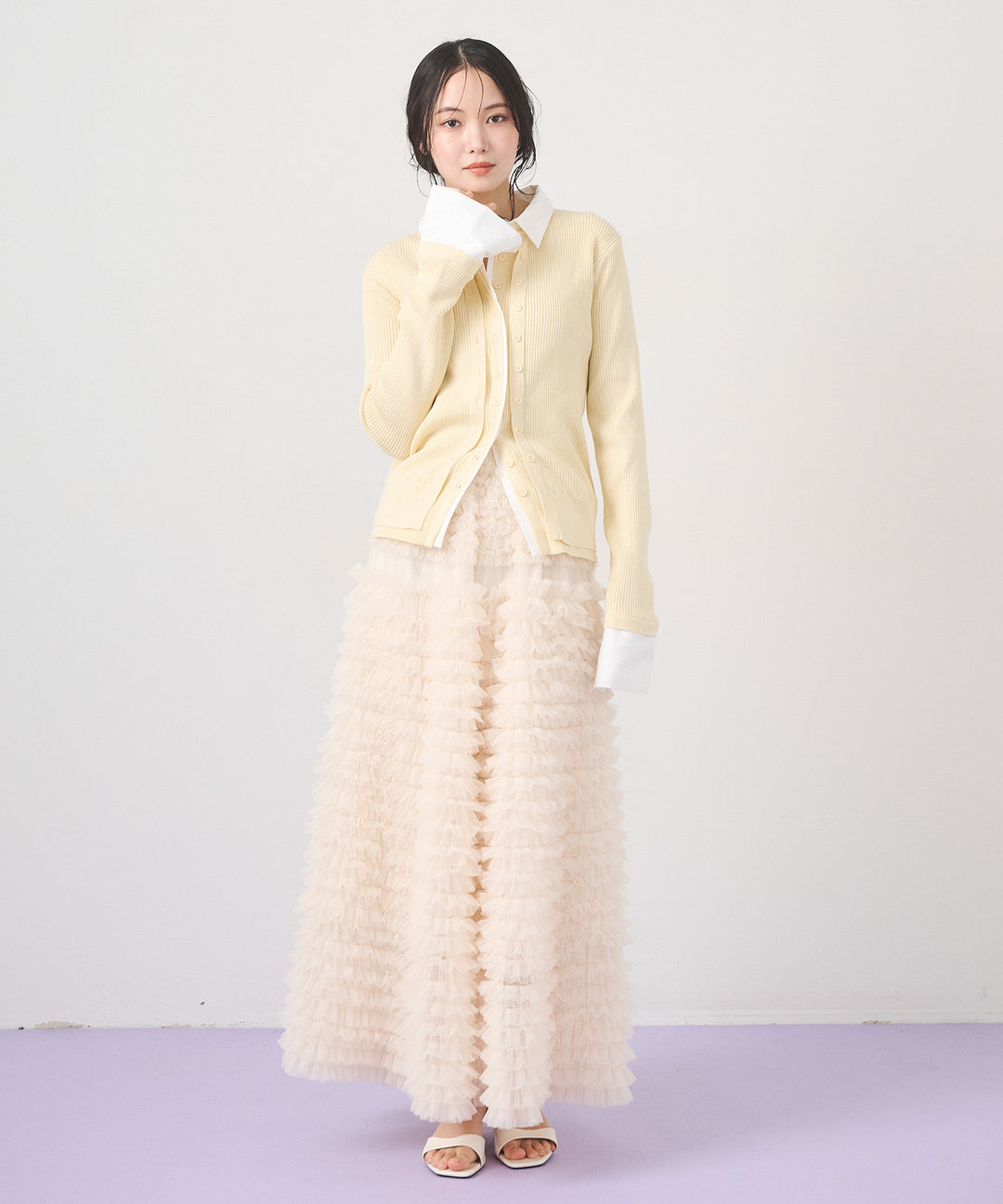 [SET]Layered Collar Knit Cardigan+Verbena Pin Tulle Skirt