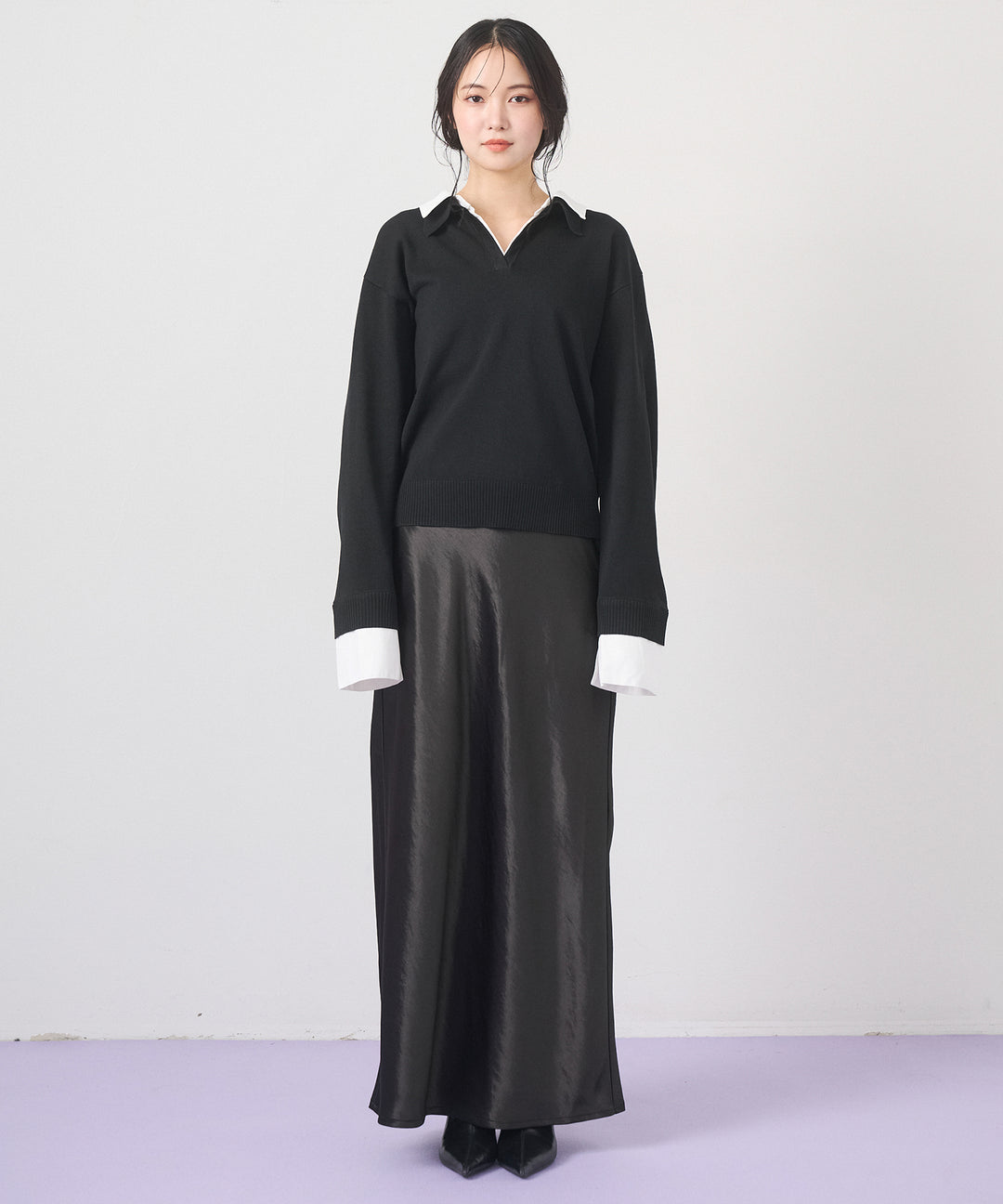 [SET]Layered Shirt Collar Knit+Silky Satin Long Skirt