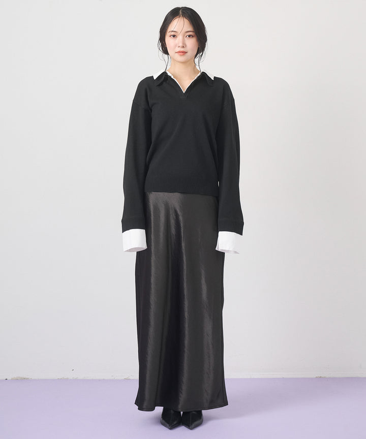 [SET]Layered Shirt Collar Knit+Silky Satin Long Skirt