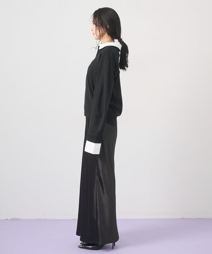 [SET]Layered Shirt Collar Knit+Silky Satin Long Skirt