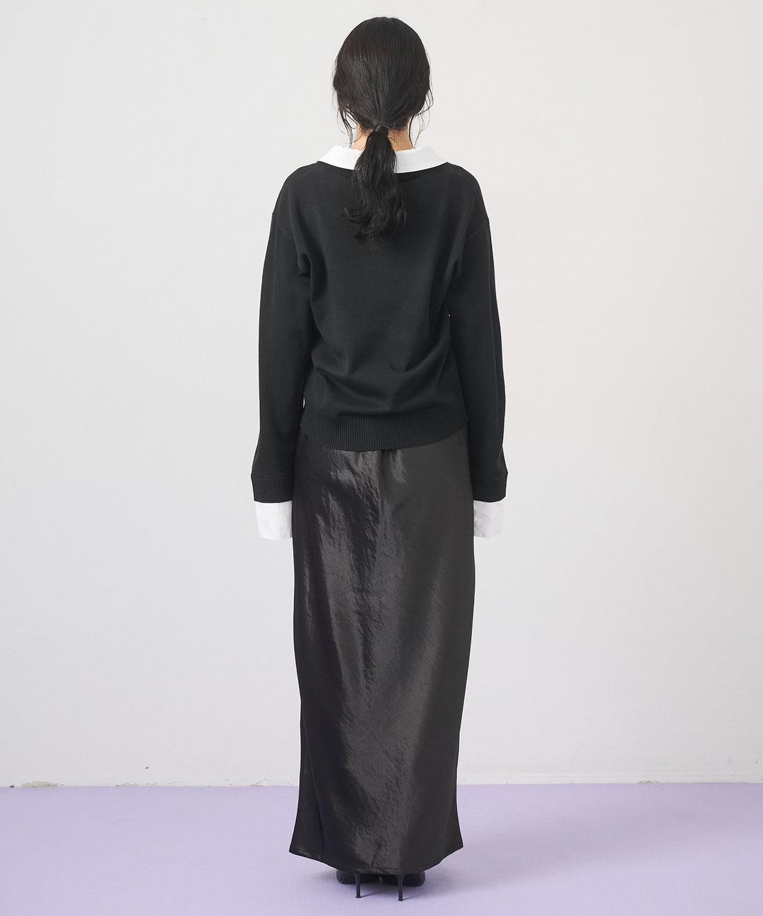 [SET]Layered Shirt Collar Knit+Silky Satin Long Skirt