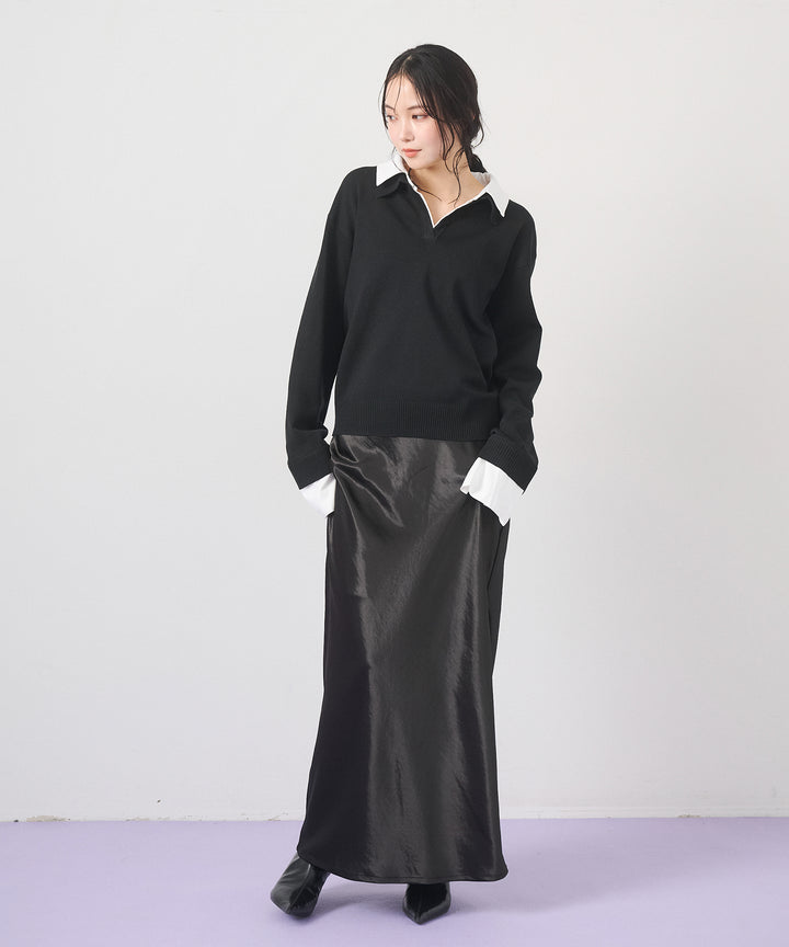 [SET]Layered Shirt Collar Knit+Silky Satin Long Skirt