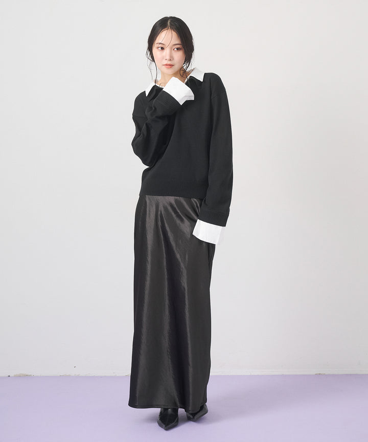 [SET]Layered Shirt Collar Knit+Silky Satin Long Skirt