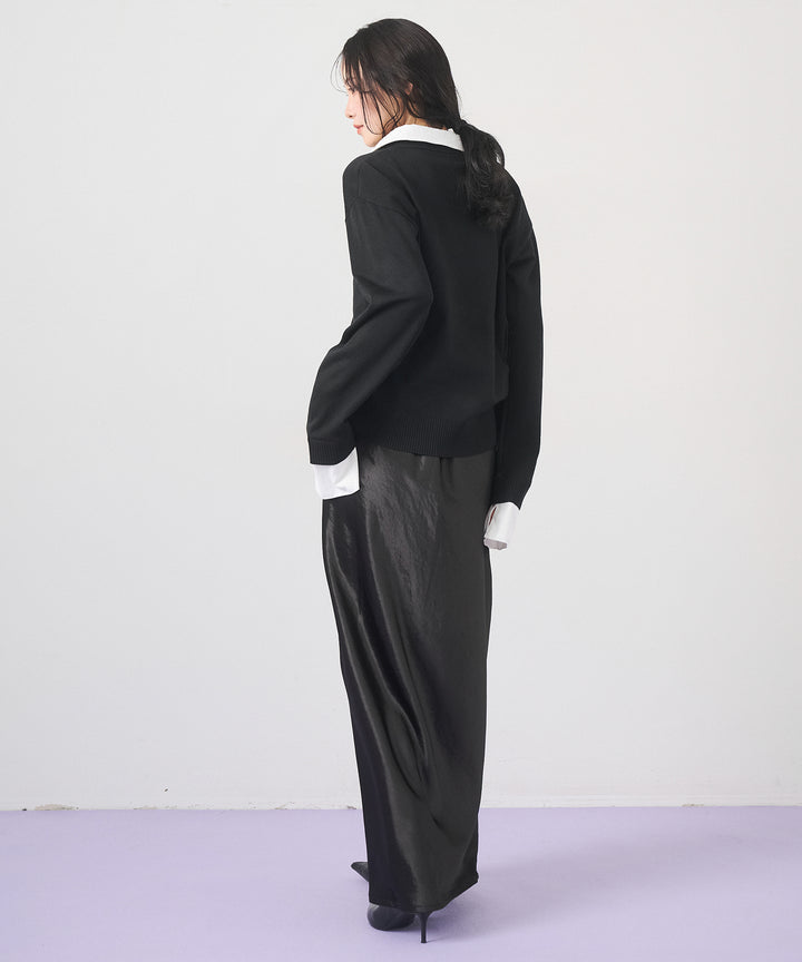 [SET]Layered Shirt Collar Knit+Silky Satin Long Skirt