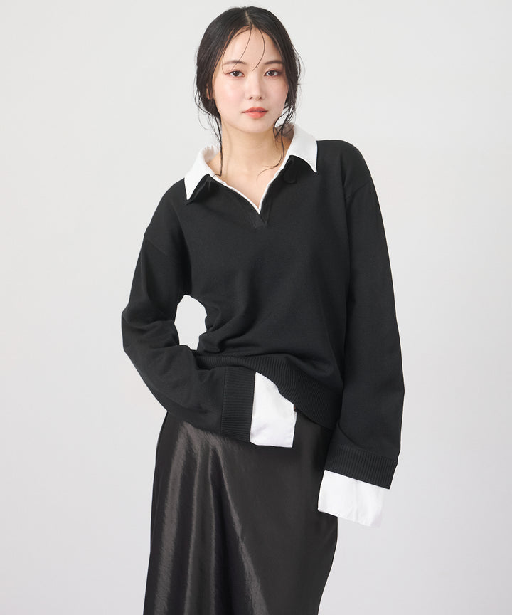 (eliuu)Layered Shirt Collar Knit
