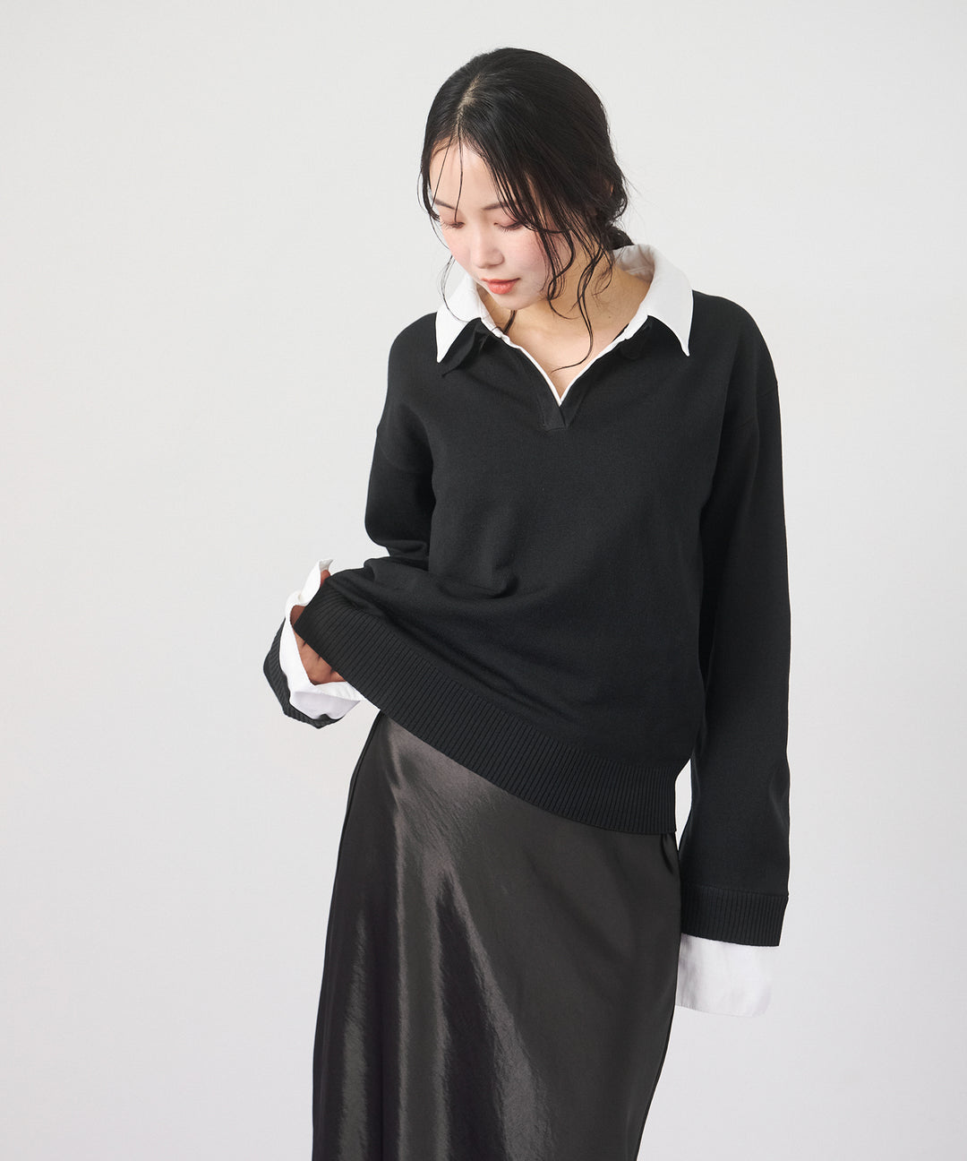 (eliuu)Layered Shirt Collar Knit