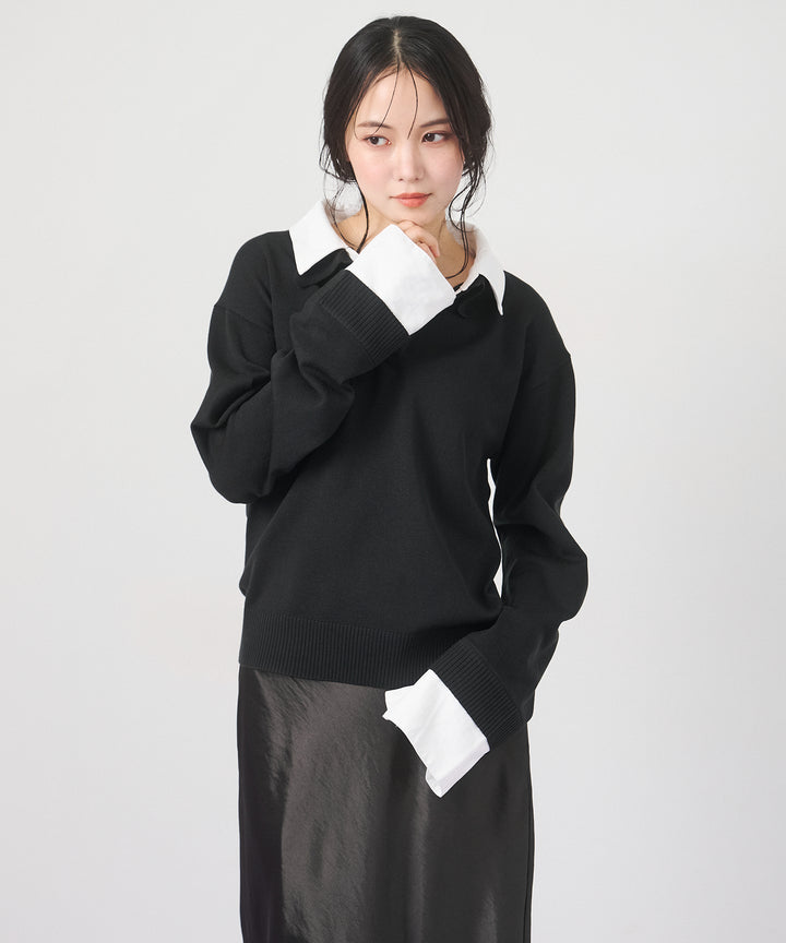 (eliuu)Layered Shirt Collar Knit