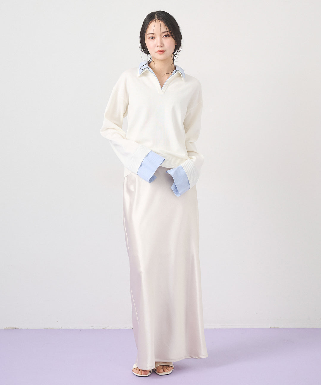[SET]Layered Shirt Collar Knit+Silky Satin Long Skirt