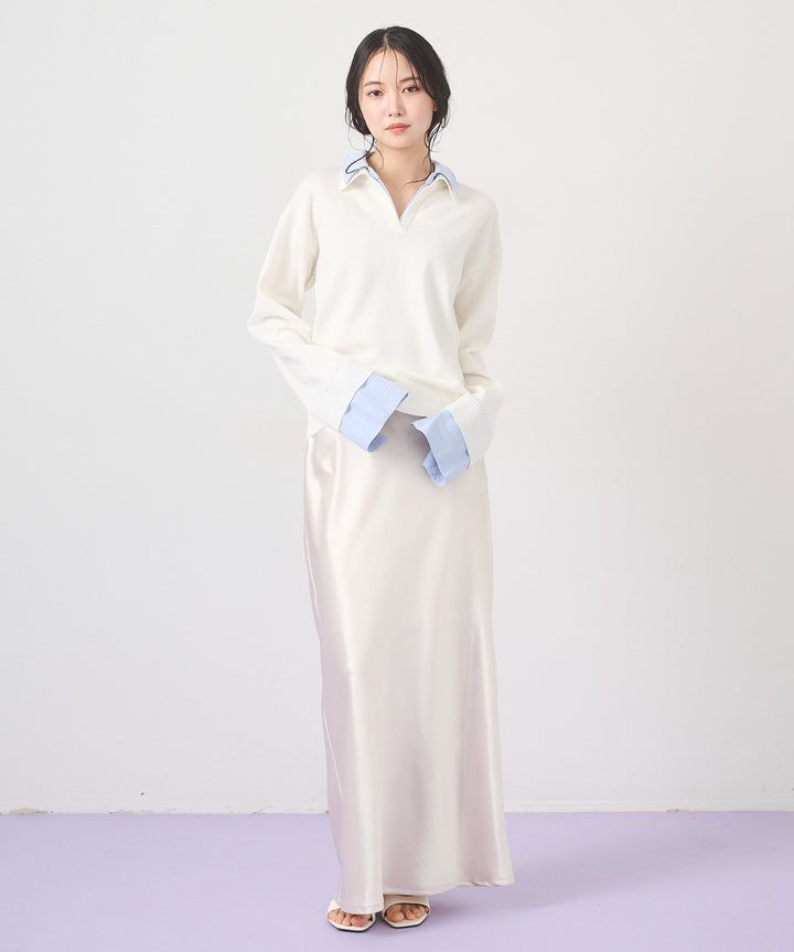 [SET]Layered Shirt Collar Knit+Silky Satin Long Skirt