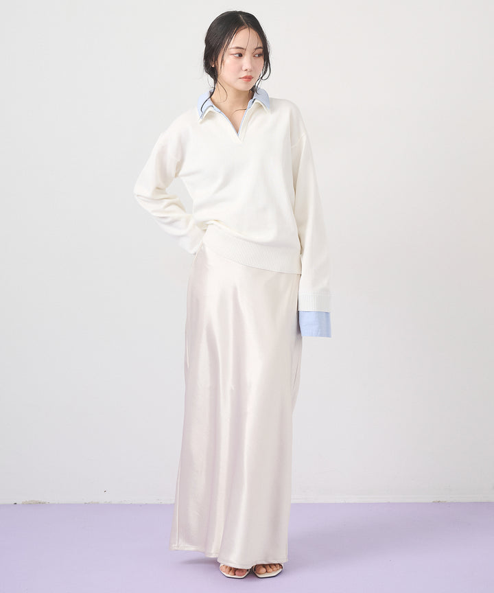[SET]Layered Shirt Collar Knit+Silky Satin Long Skirt