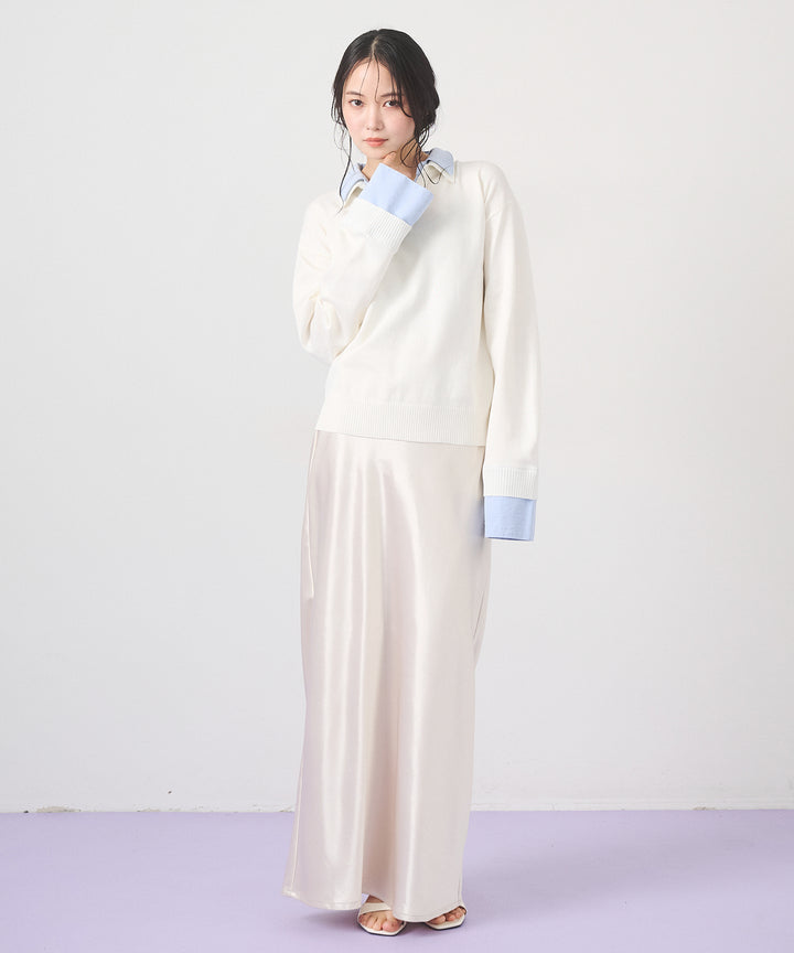 [SET]Layered Shirt Collar Knit+Silky Satin Long Skirt