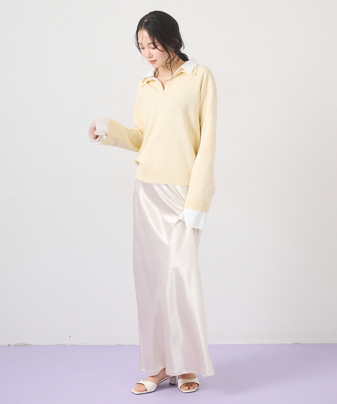 [SET]Layered Shirt Collar Knit+Silky Satin Long Skirt