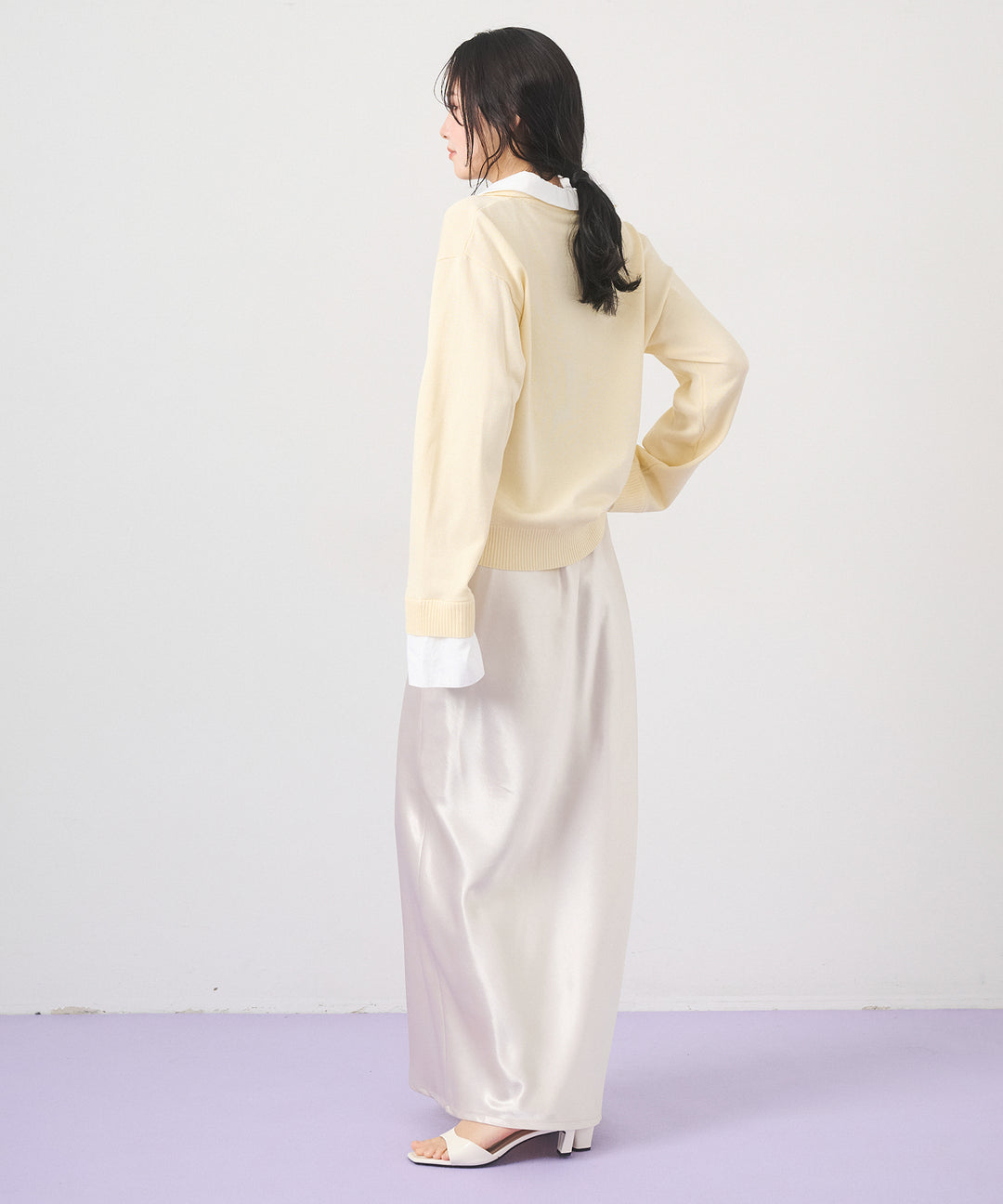 [SET]Layered Shirt Collar Knit+Silky Satin Long Skirt