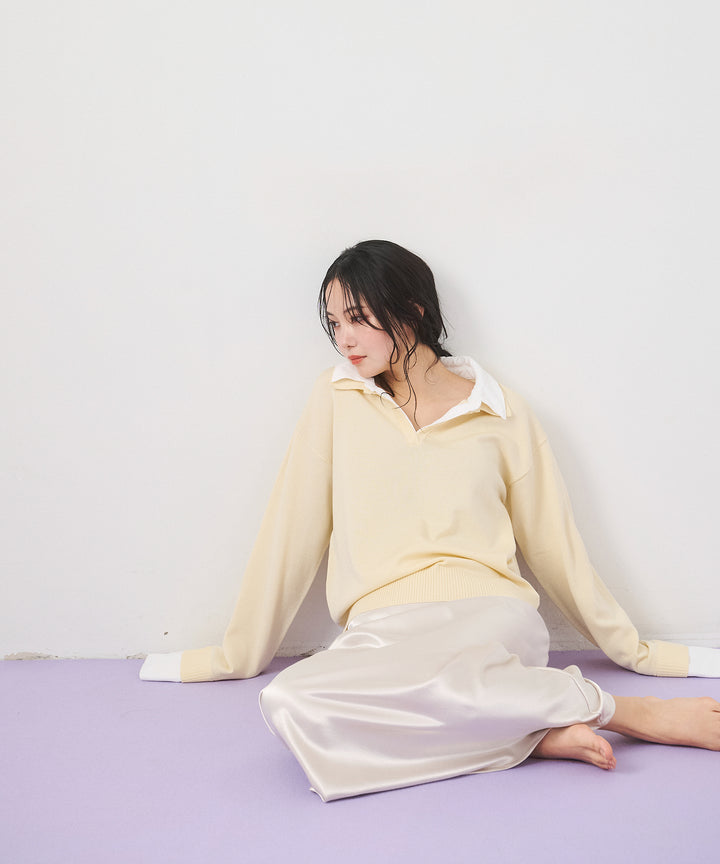 [SET]Layered Shirt Collar Knit+Silky Satin Long Skirt