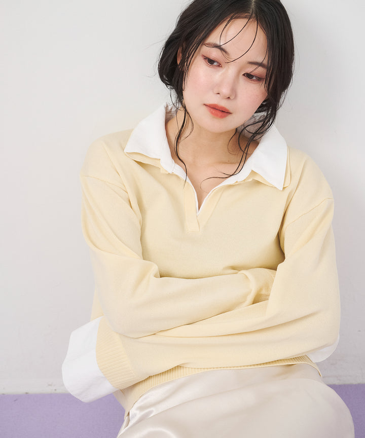 (eliuu)Layered Shirt Collar Knit