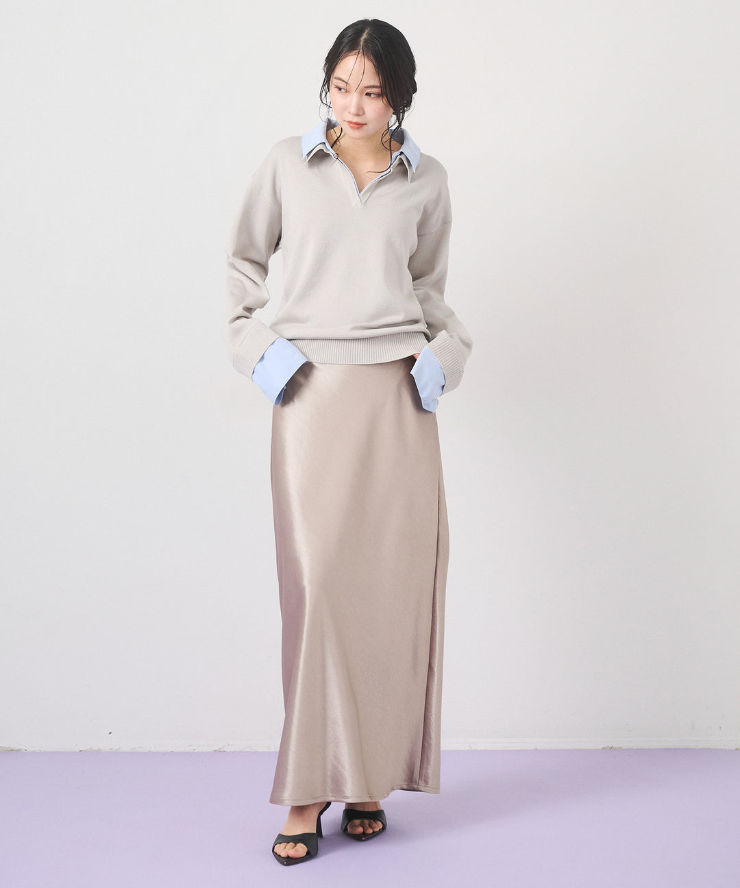 [SET]Layered Shirt Collar Knit+Silky Satin Long Skirt