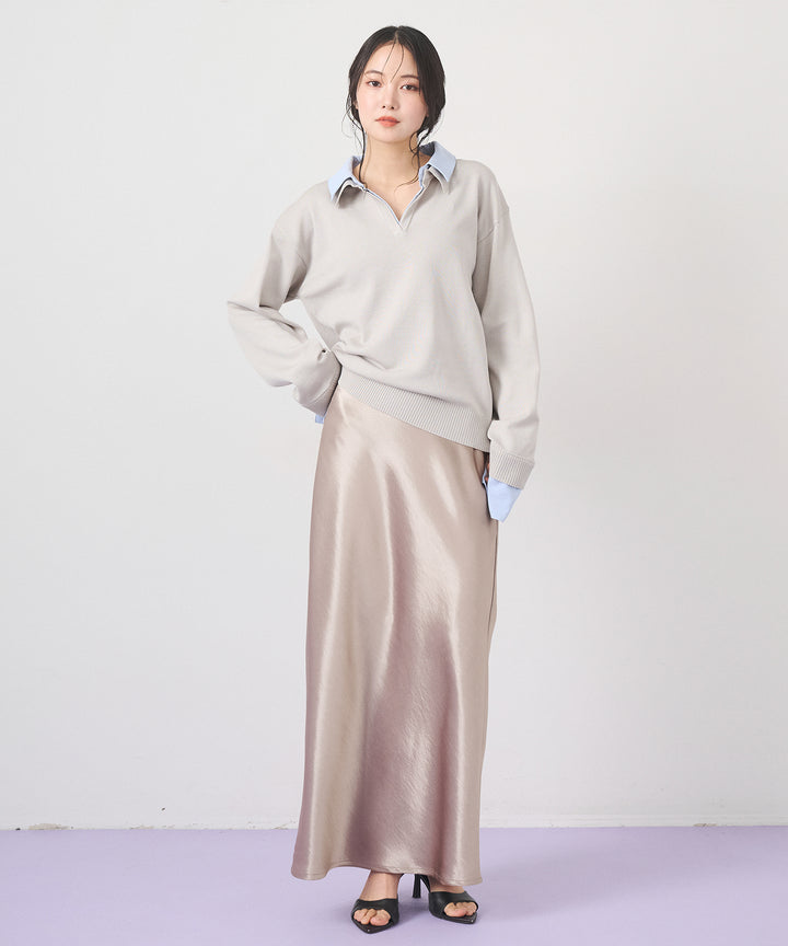 [SET]Layered Shirt Collar Knit+Silky Satin Long Skirt