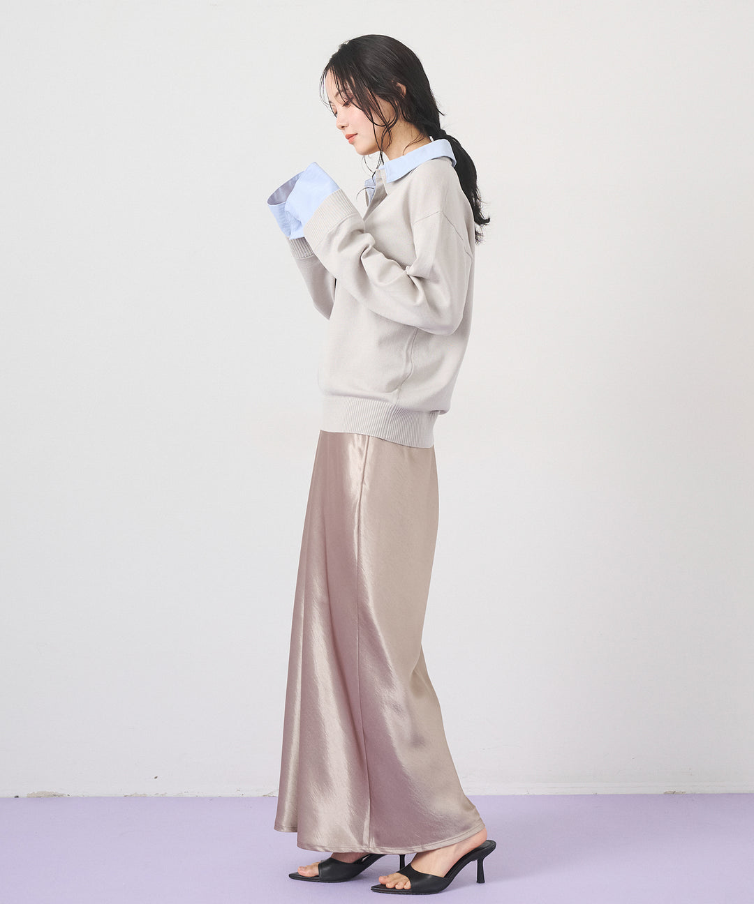 [SET]Layered Shirt Collar Knit+Silky Satin Long Skirt