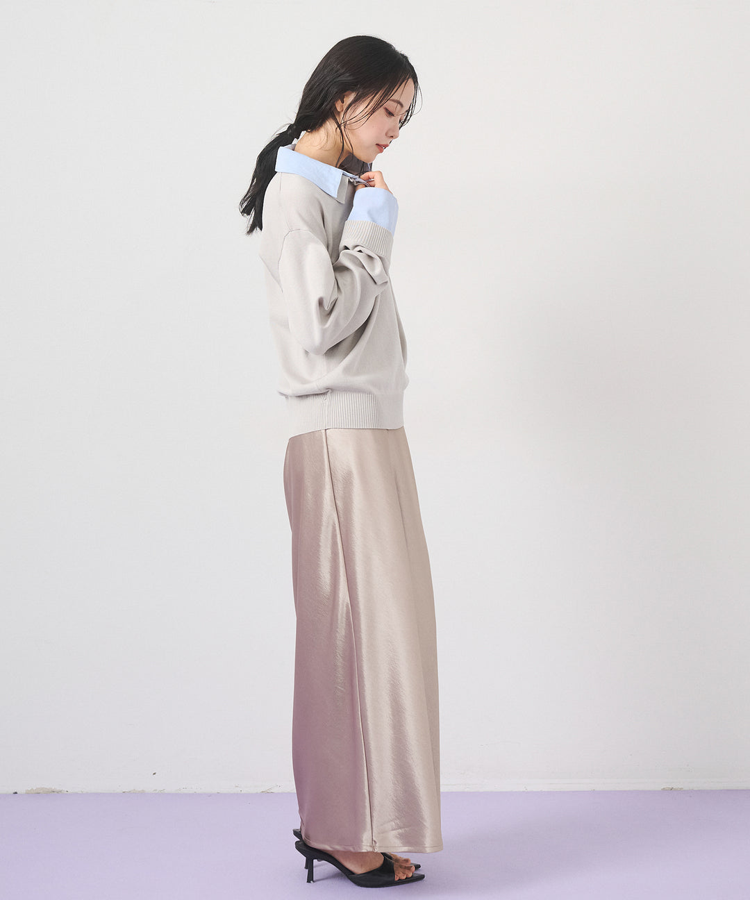 [SET]Layered Shirt Collar Knit+Silky Satin Long Skirt