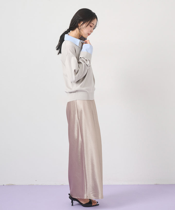 [SET]Layered Shirt Collar Knit+Silky Satin Long Skirt