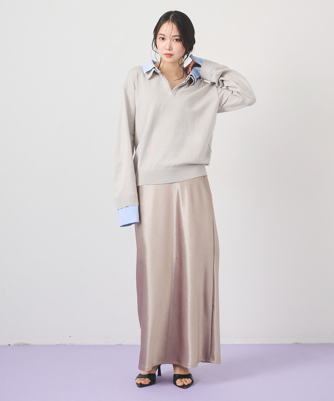 (eliuu)Silky Satin Long Skirt