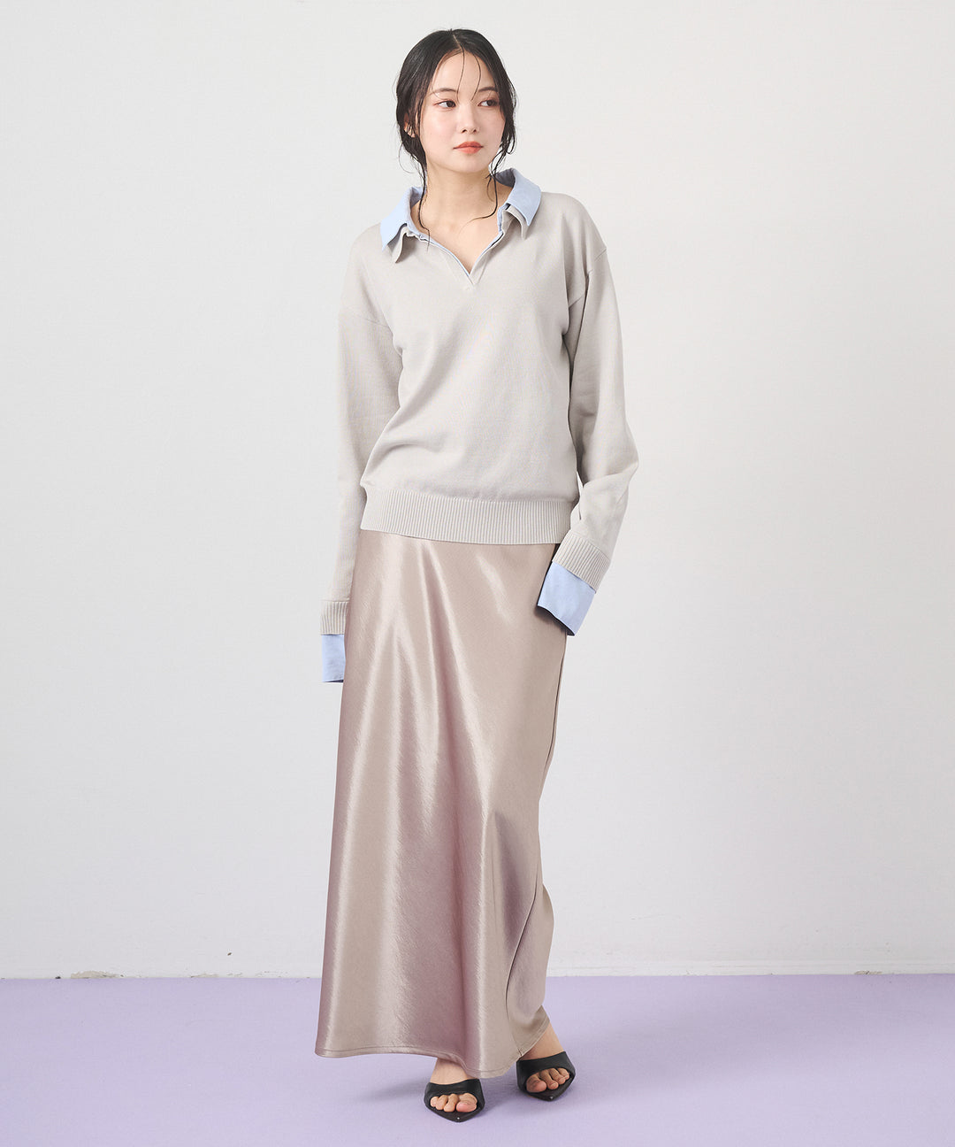 (eliuu)Layered Shirt Collar Knit