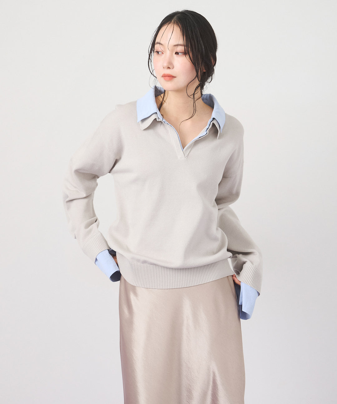 (eliuu)Layered Shirt Collar Knit
