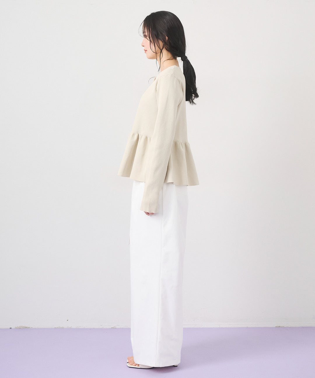[SET]Peplum Rib Knit Top+Ring Belt Wide Pants