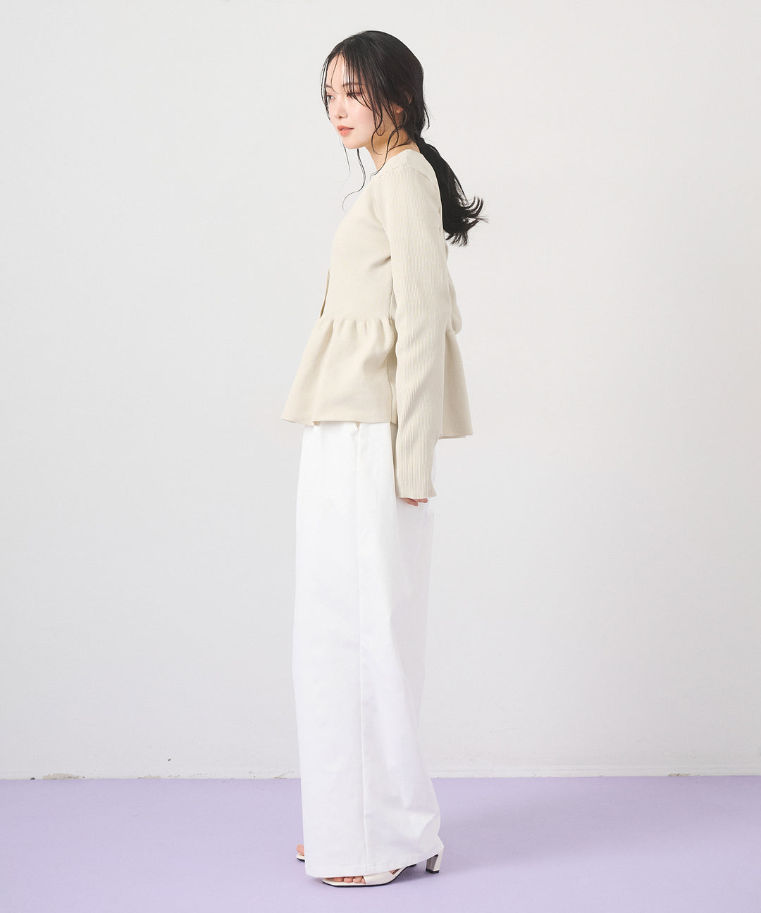 [SET]Peplum Rib Knit Top+Ring Belt Wide Pants