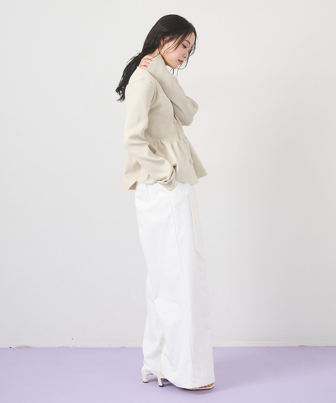 [SET]Peplum Rib Knit Top+Ring Belt Wide Pants
