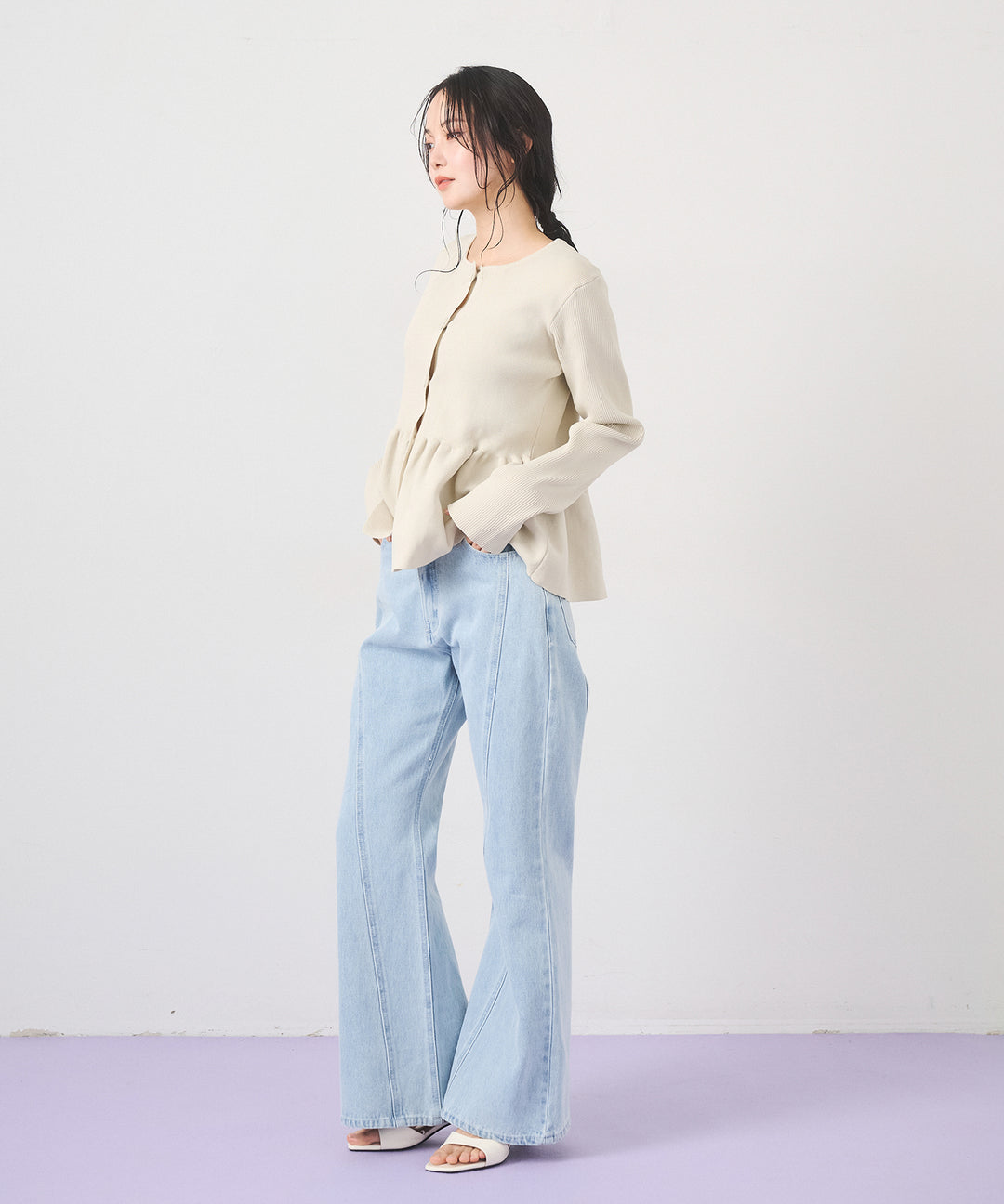 [SET]Peplum Rib Knit Top+Seam Flare Denim Pants