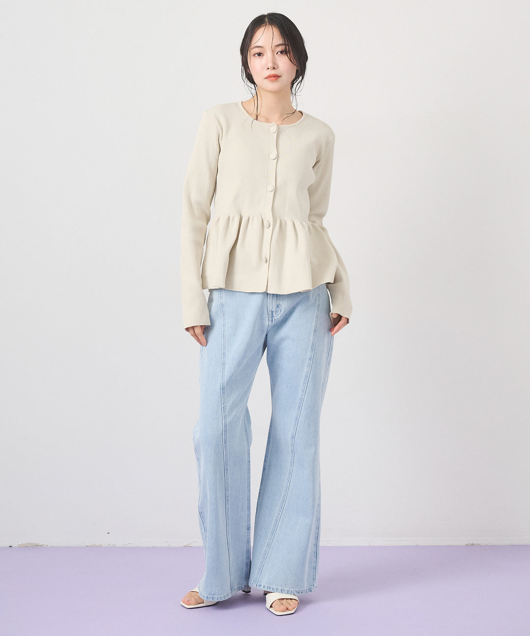 [SET]Peplum Rib Knit Top+Seam Flare Denim Pants